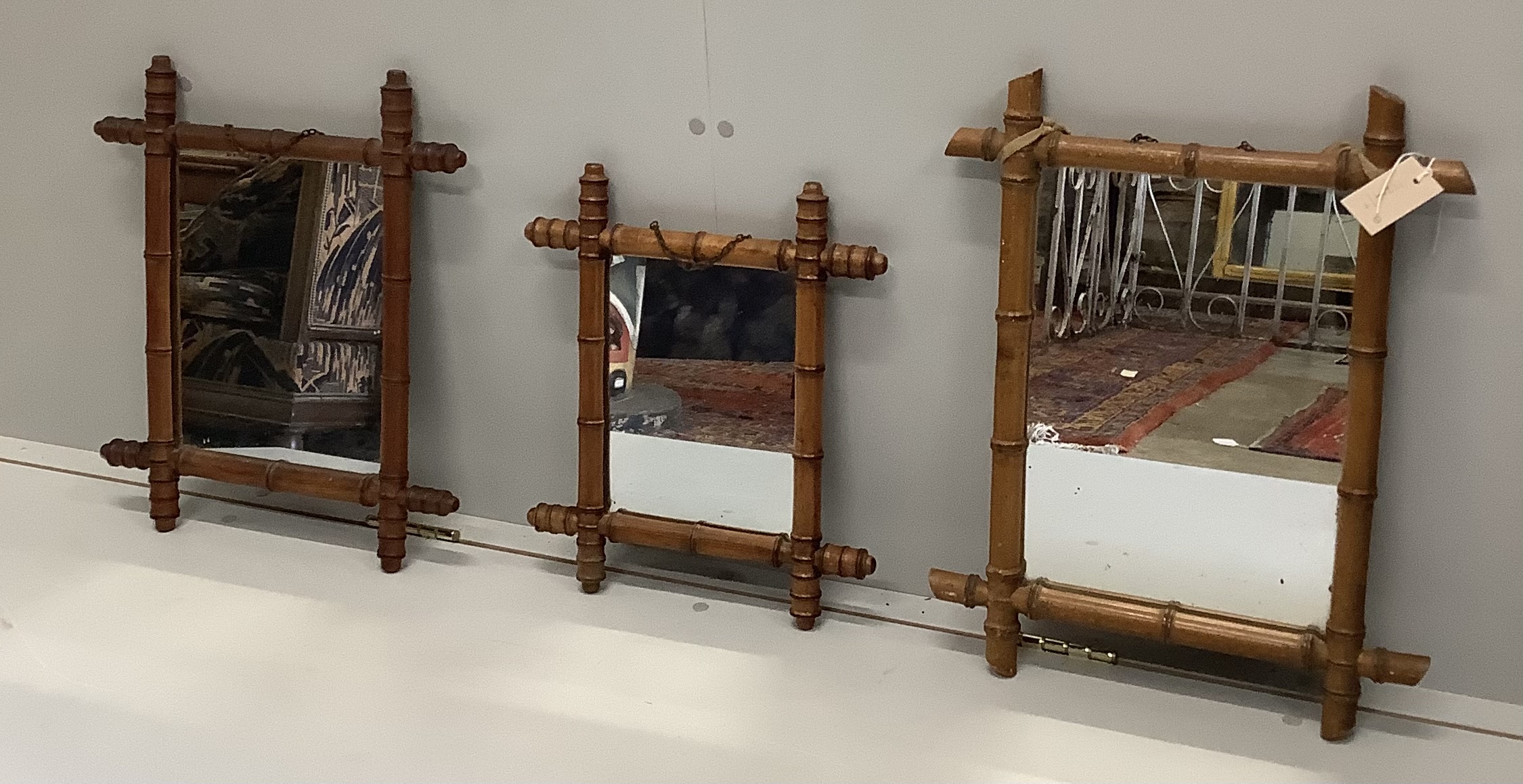 Three 19th century French rectangular faux bamboo wall mirrors, largest width 41cm, height 54cm